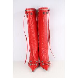 Balenciaga Cagole Boots Red Leather Knee High Pointed Toe Size 37.5